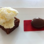chcolate spherical served with raspberry agar gel, vanilla air and chocolate brownie