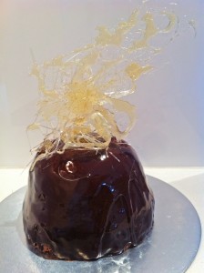 spun sugar decoration on chocolate entremet dessert