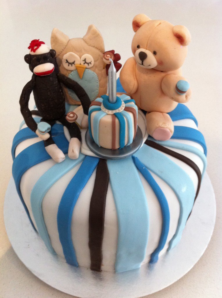 1st birthday cake sock monkey owl teddy bear fondant